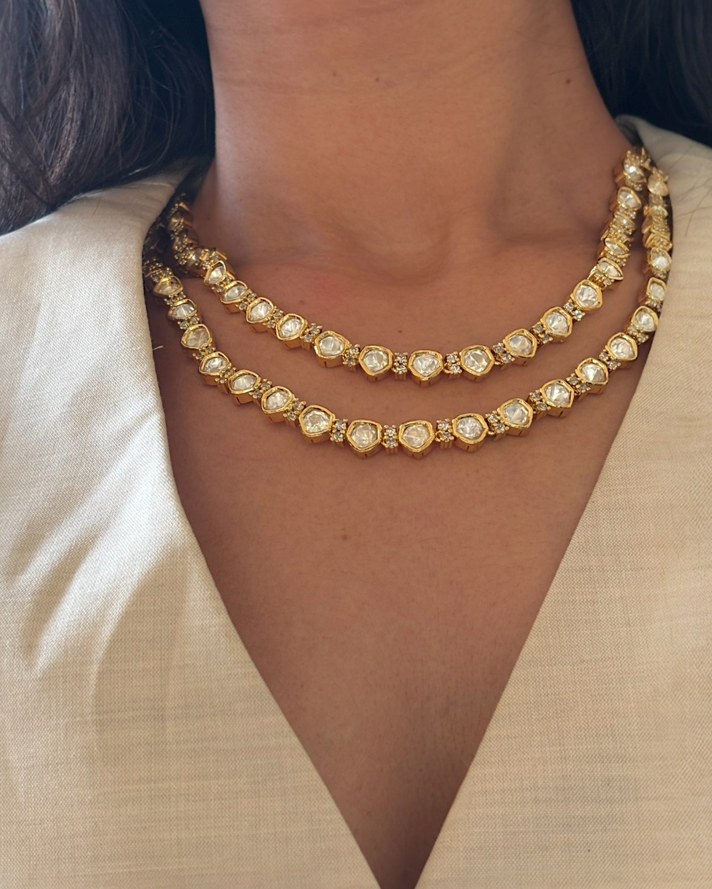 Niyati Double Line Polki Necklace with Studs