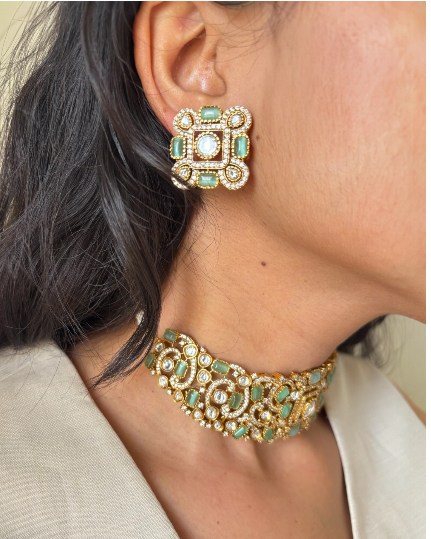 Tulika mint green Kundan Choker with Studs