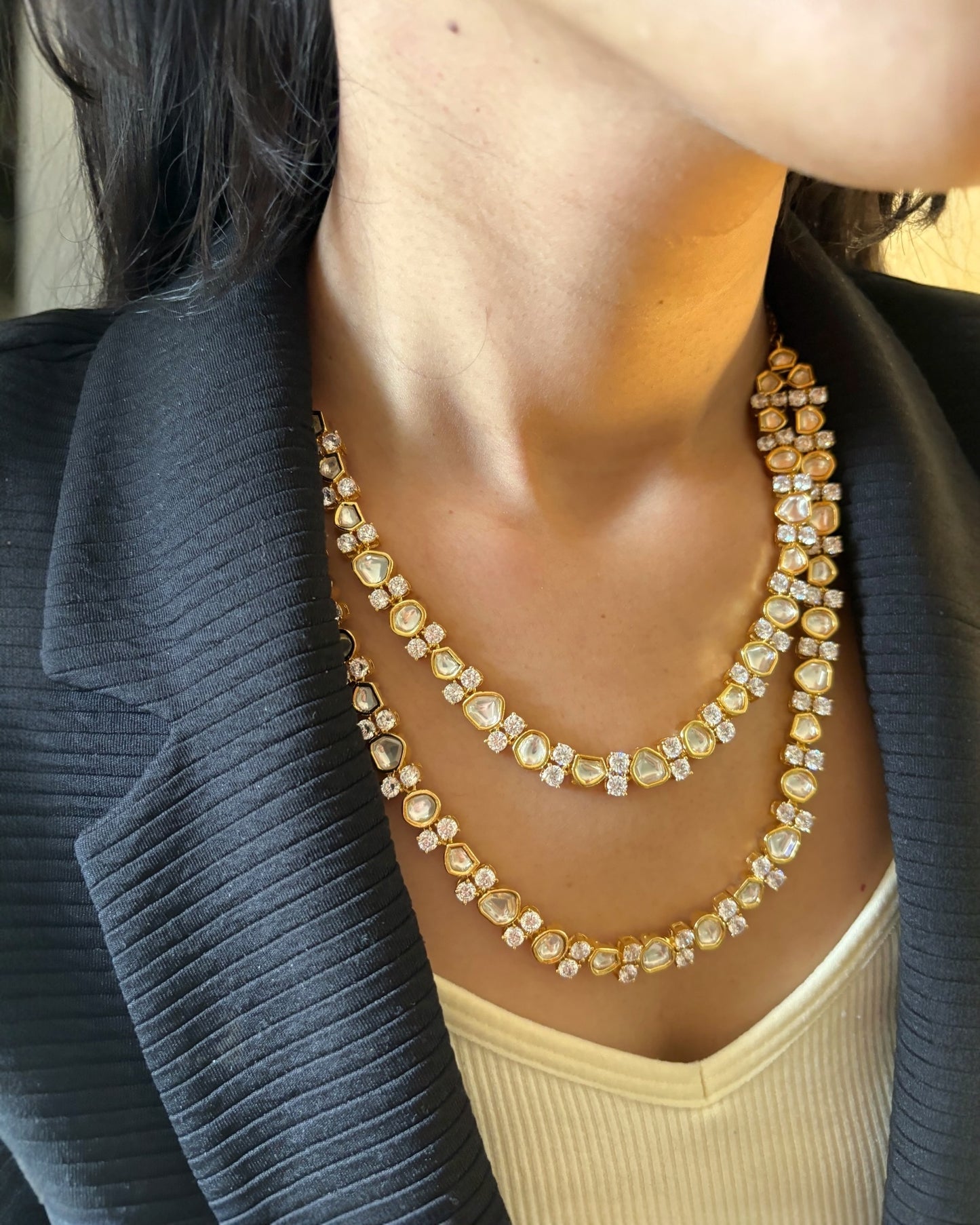 Niyati Double Line Polki Necklace with Studs