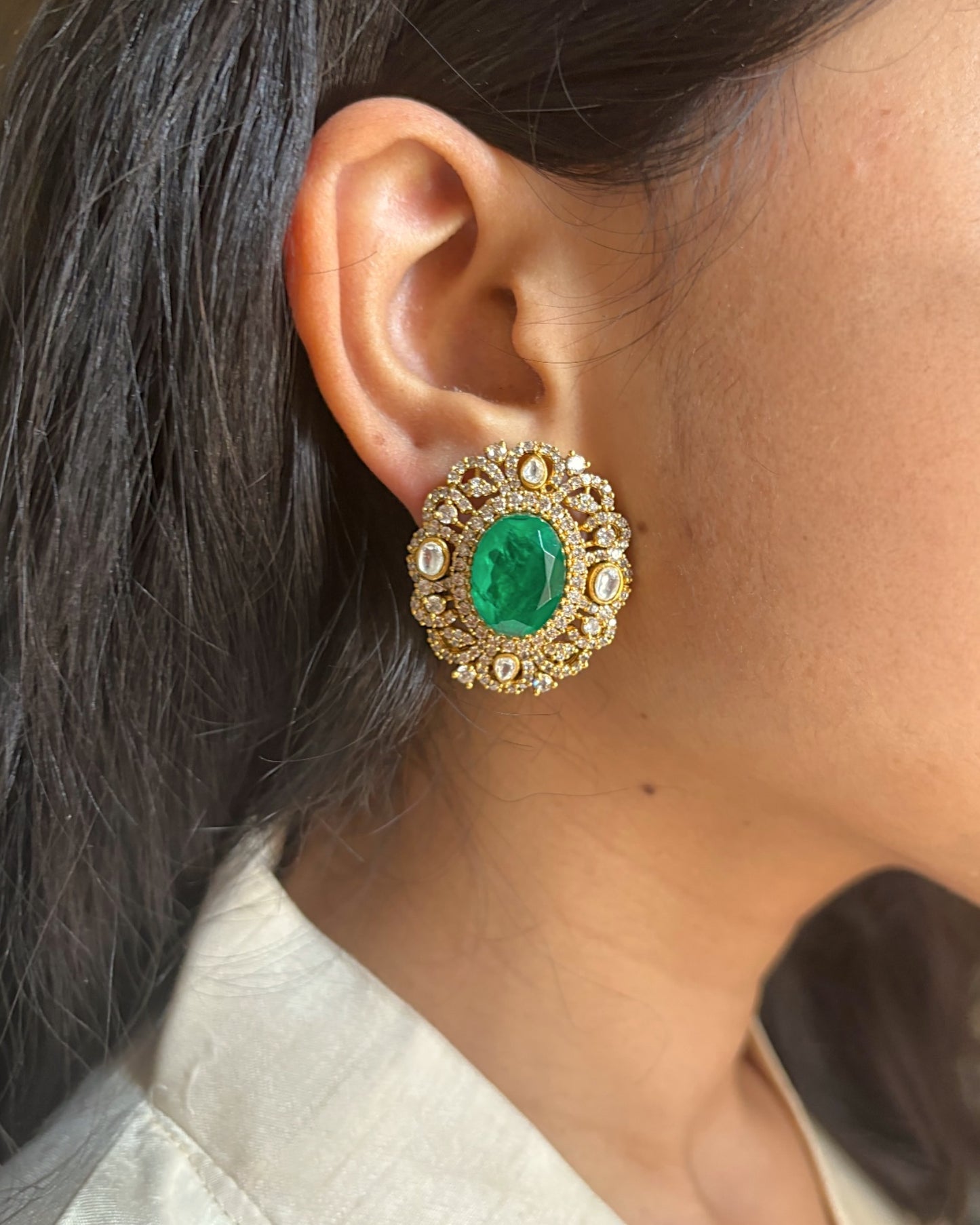 Vrinda Oval Emerald Oversized Studs