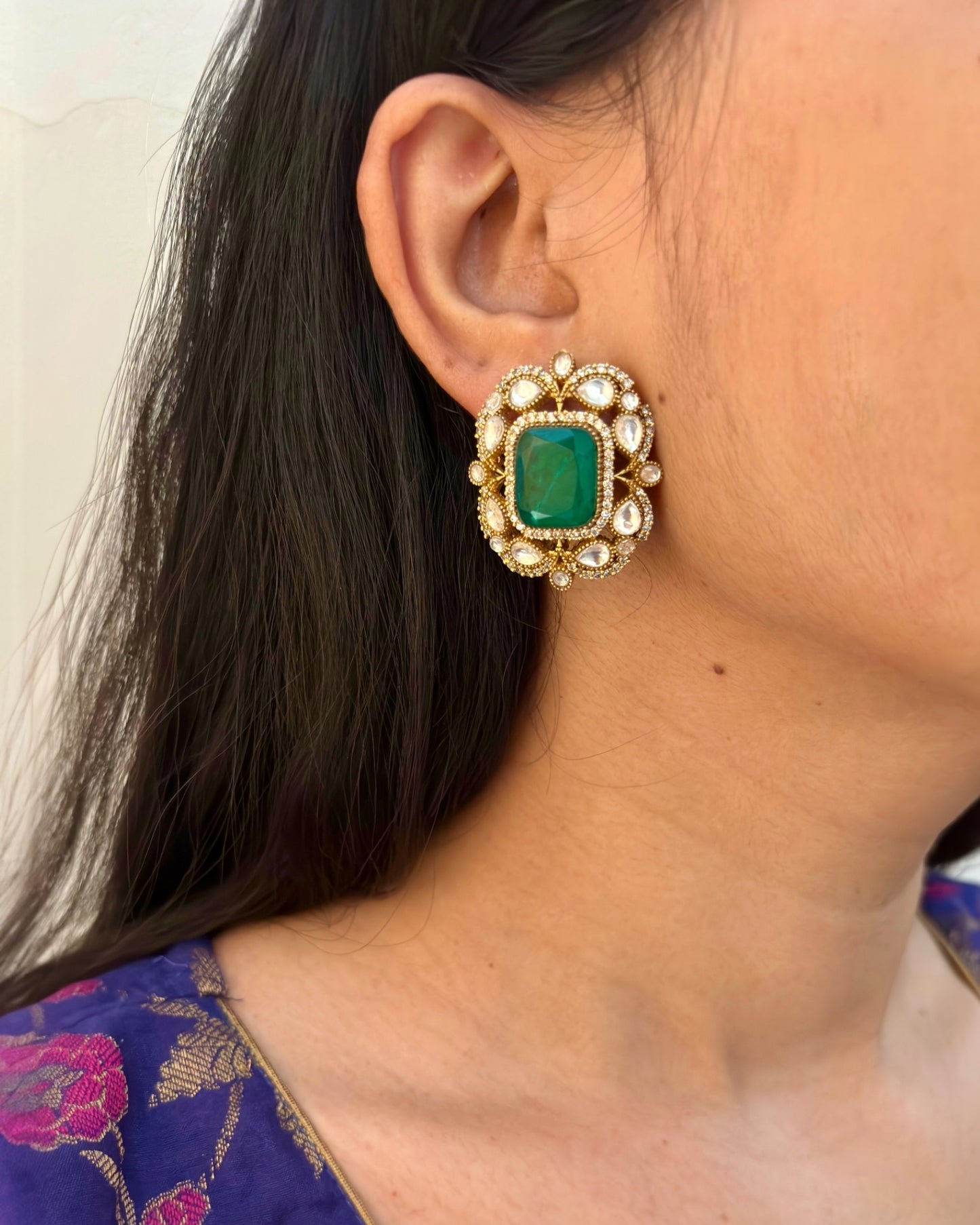 Veena Oversized Emerlad Studs