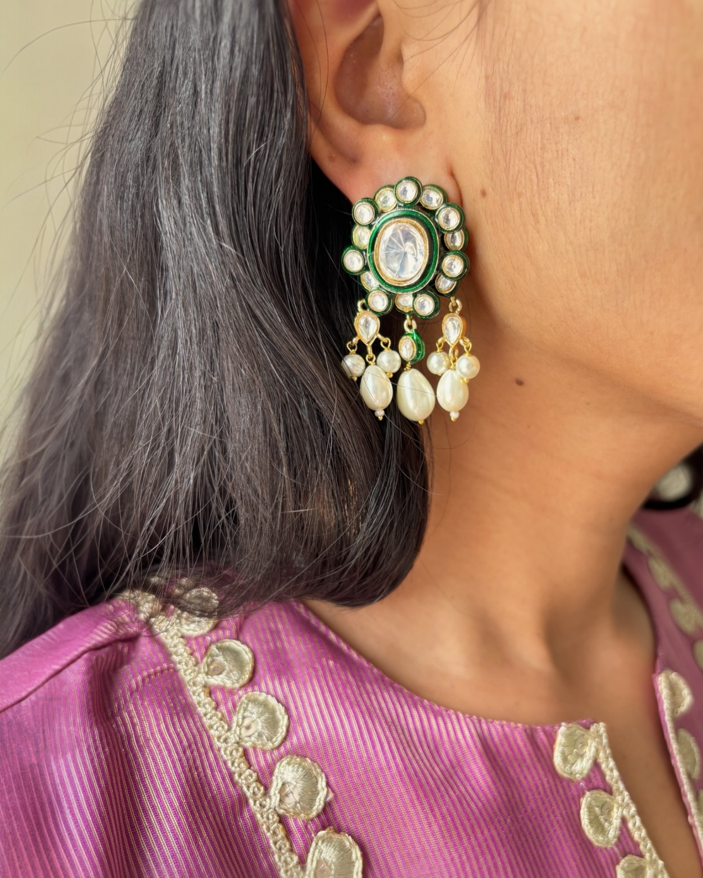 Kavya Polki Earrings with Pearl Drops