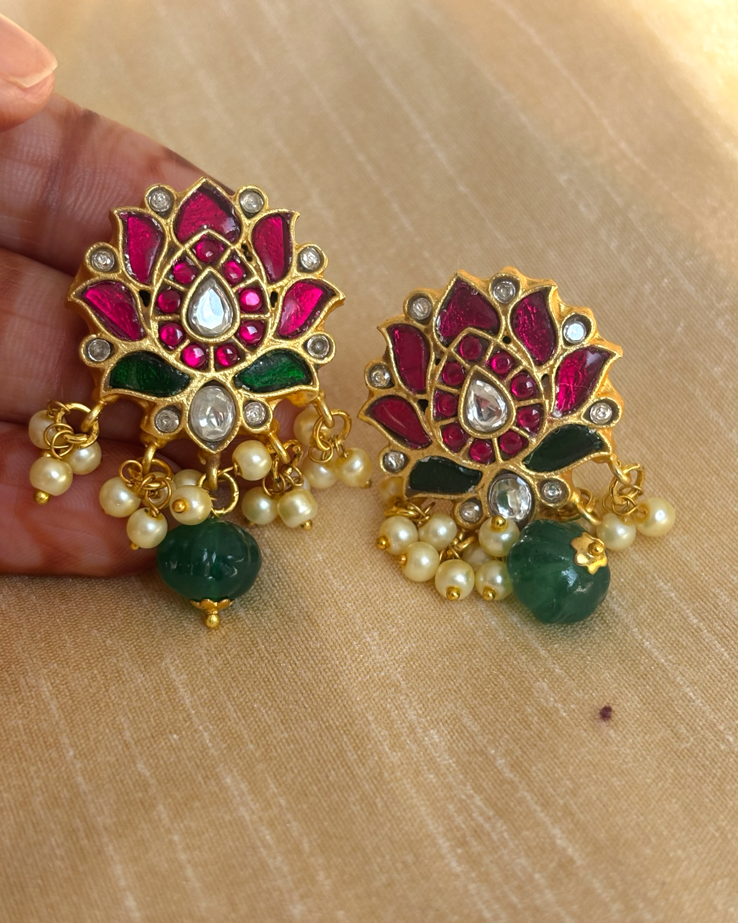 Pushpa kundan studs with green drops