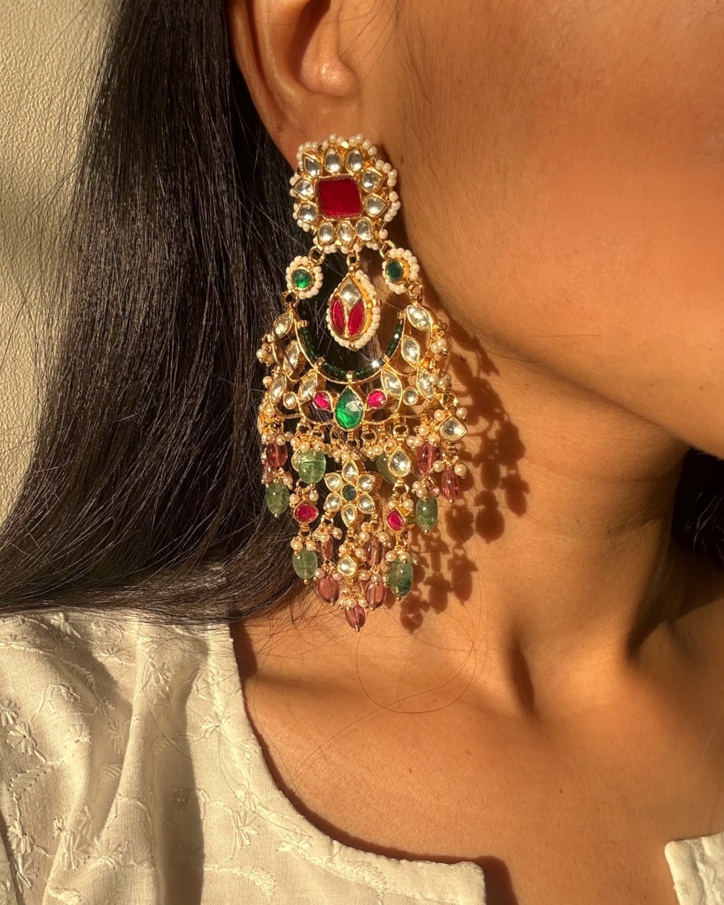 Radhya Pachi Kundan Long Earrings