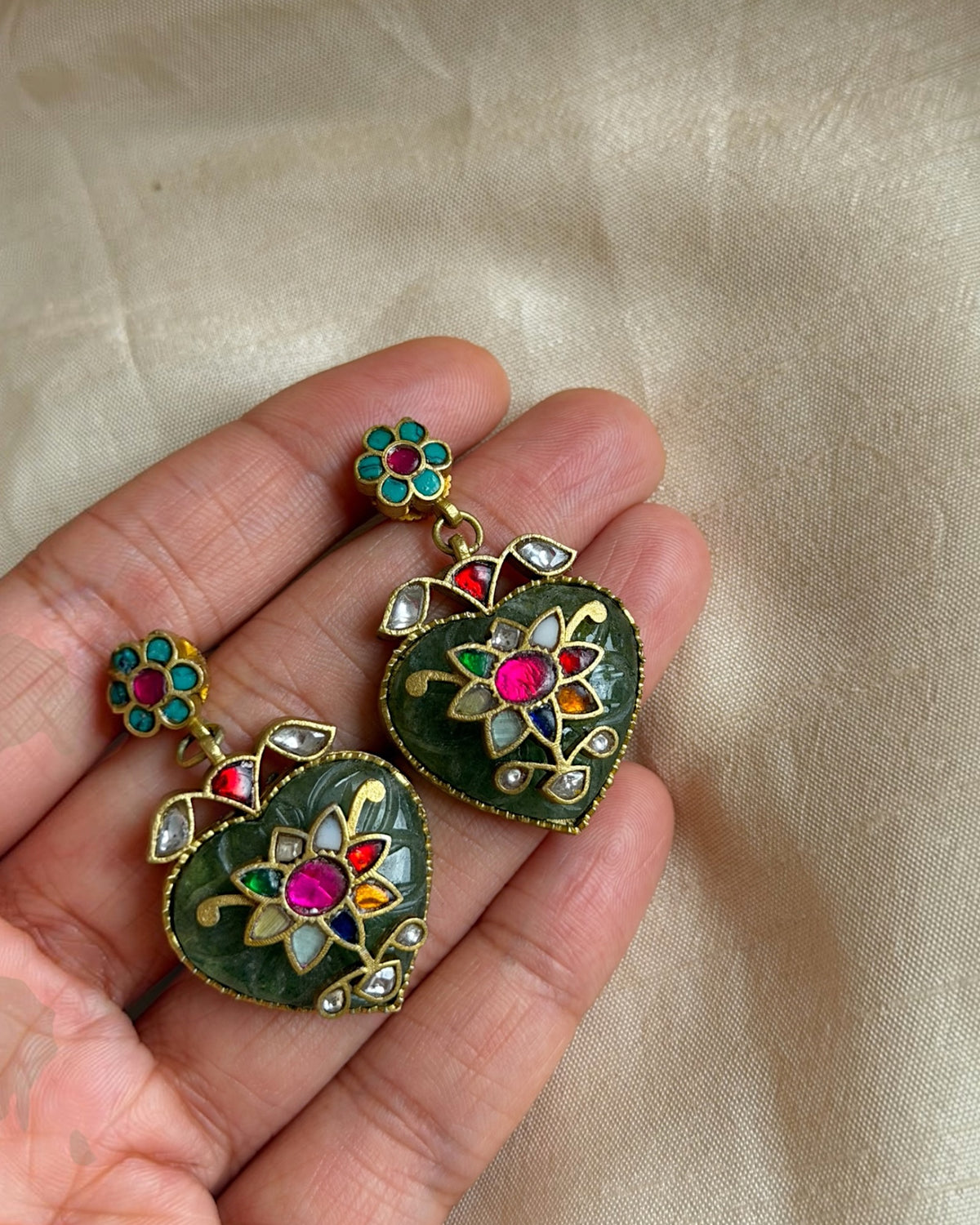 Taaj sage green jadau earrings