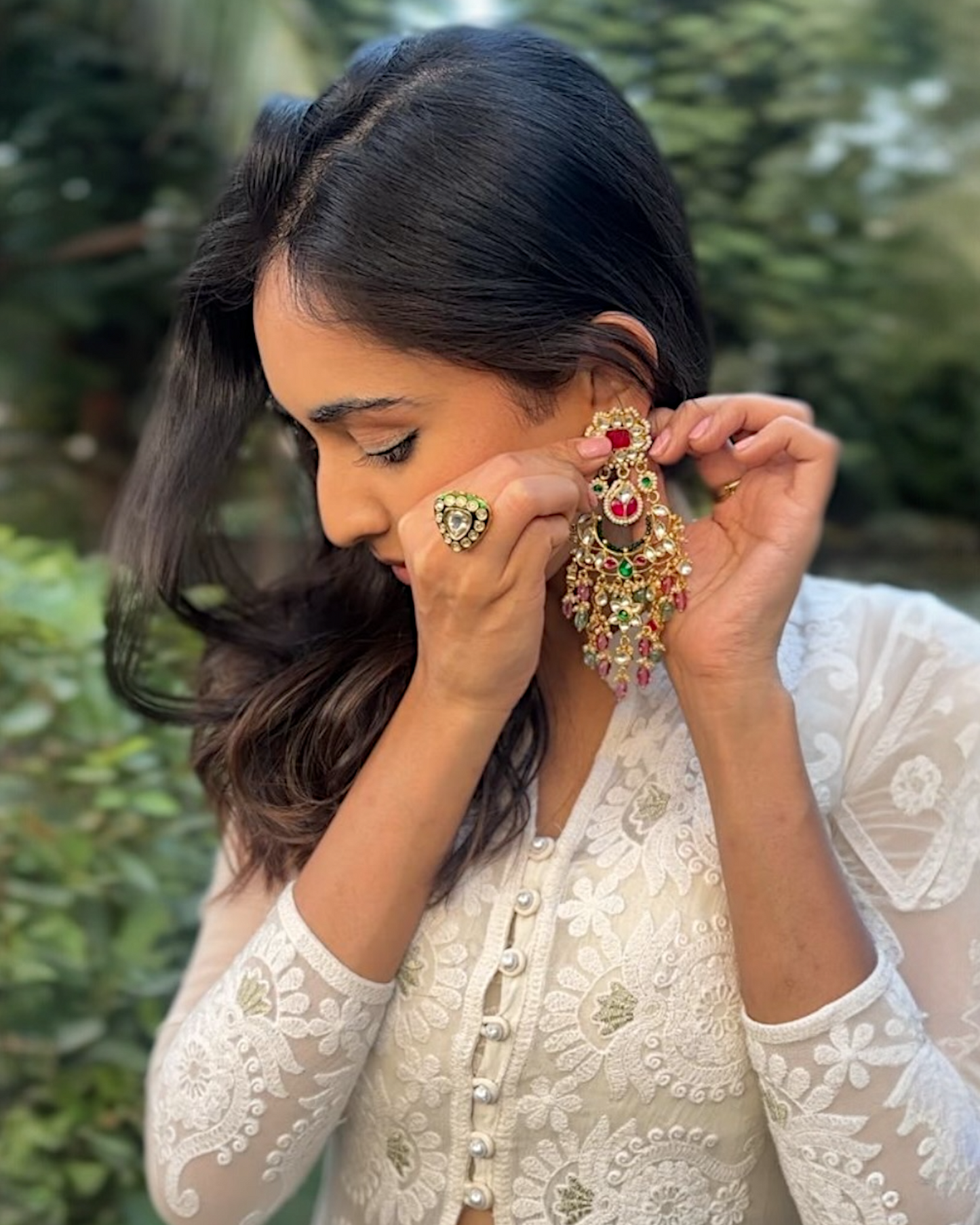 Radhya Pachi Kundan Long Earrings
