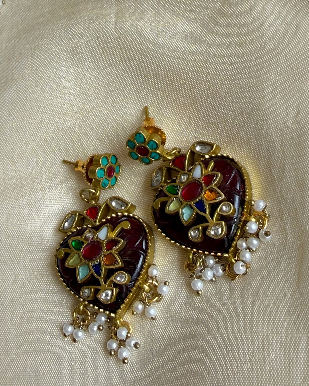 Taaj maroon red jadau earrings