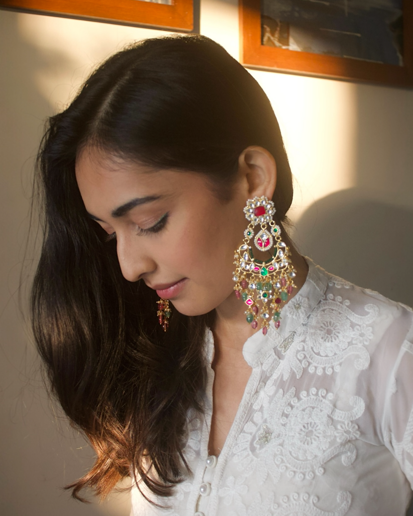 Radhya Pachi Kundan Long Earrings