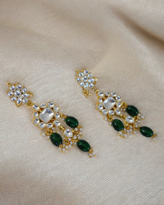 Pihu Kundan Earrings with Green Drops