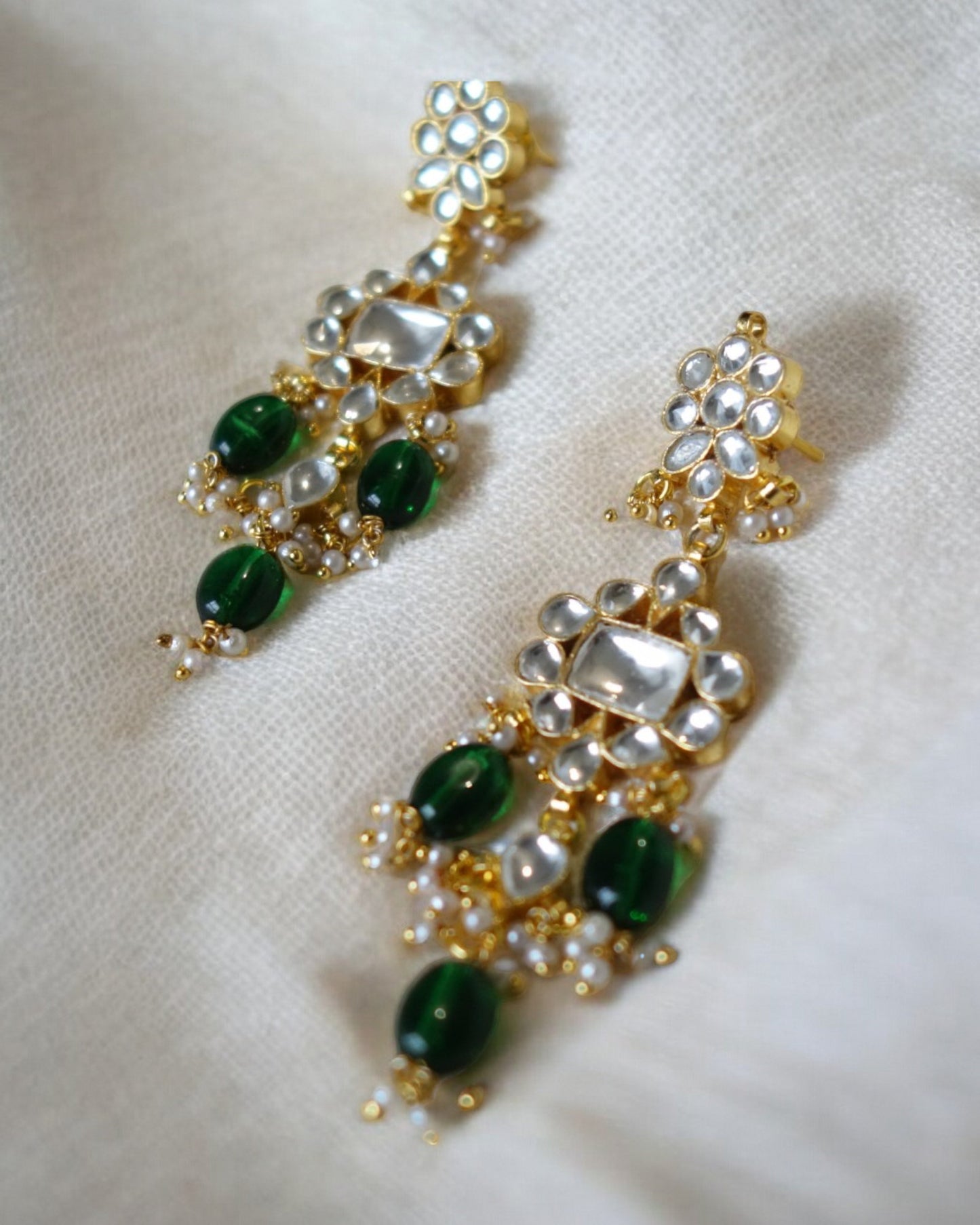 Pihu Kundan Earrings with Green Drops