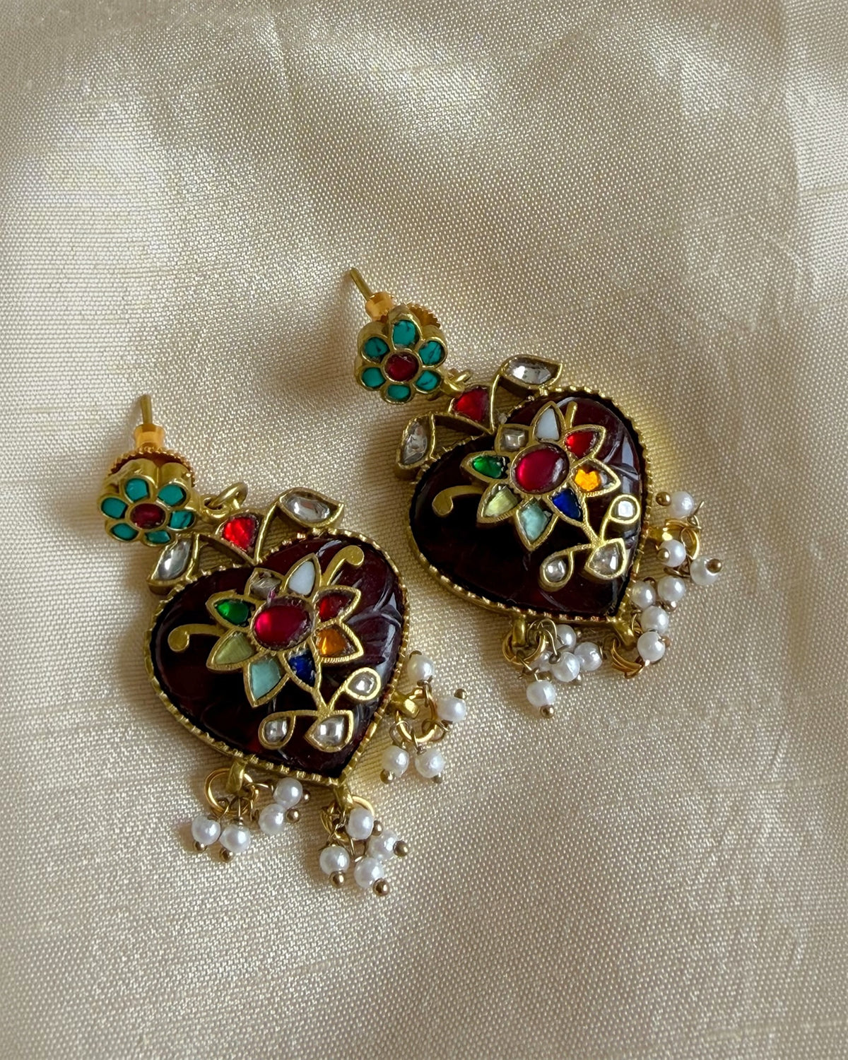 Taaj maroon red jadau earrings