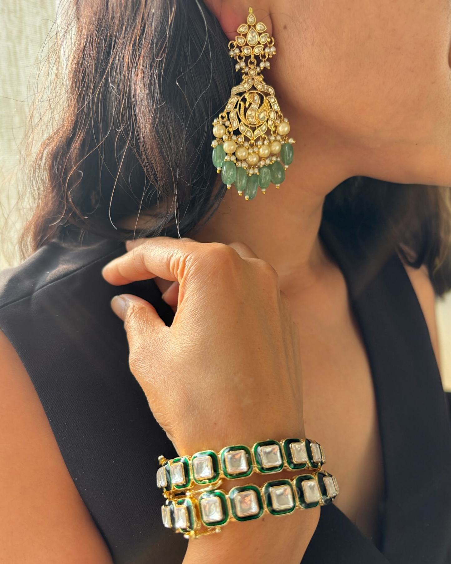 Mayuri Kundan Earrings with Green drops