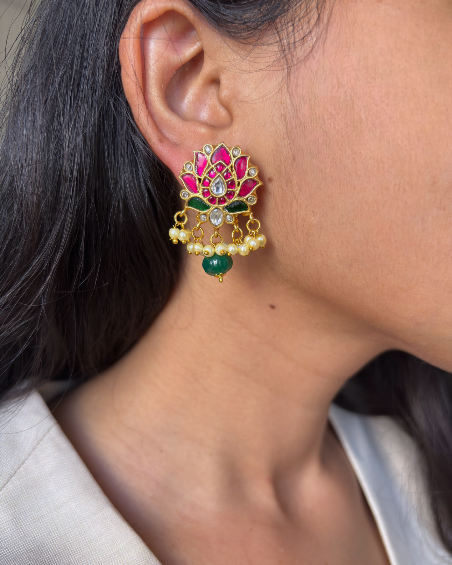 Pushpa kundan studs with green drops